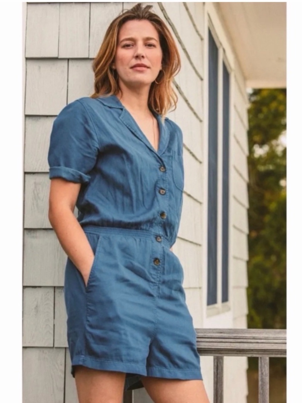 Faherty Arlie Romper Stormy Seas Blue Tencel Linen Button Front Size L